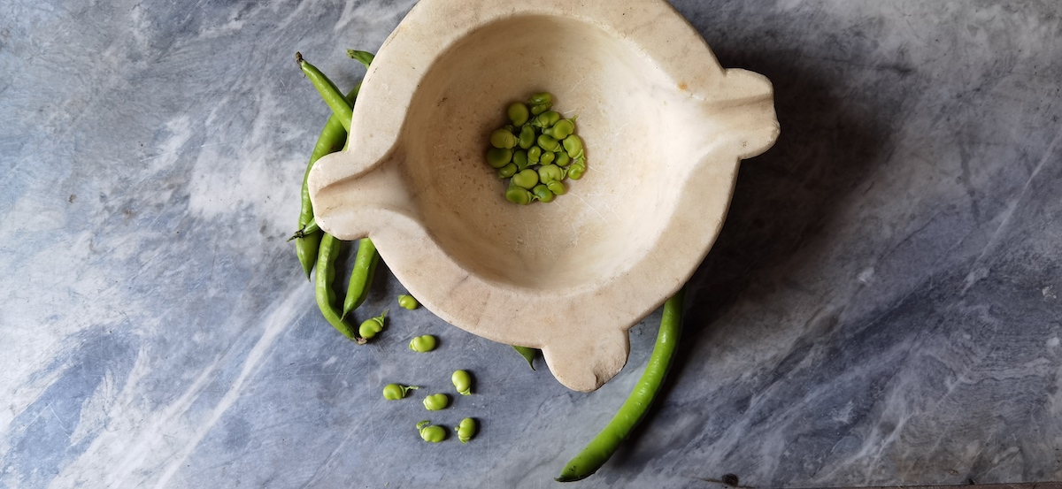 Fava beans in and around a mortar