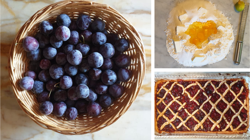 3 photos: basket of fresh plums, well of flour with butter and eggs on marble counter, and finished dessert.
