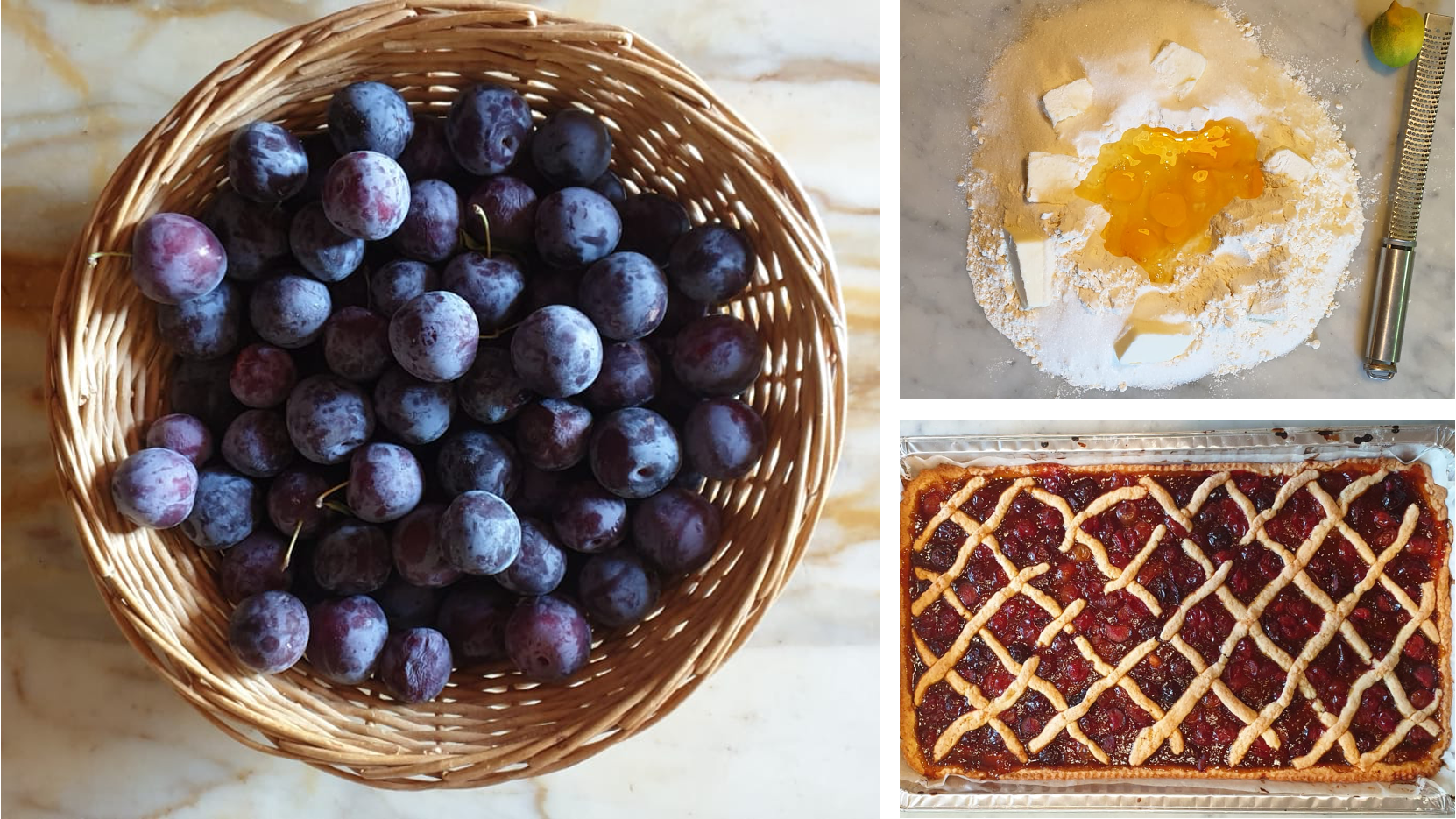 Three photos: Basket of plums; pile of flour, butter and eggs on marble counter; finished plum cake with lattice top