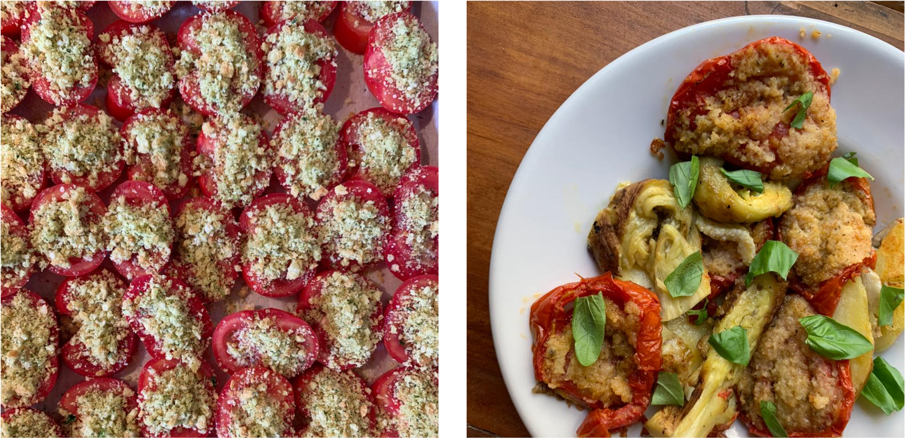 Left: slides tomatoes covered in topping, on a baking sheet; Right: finished dish on a white plate