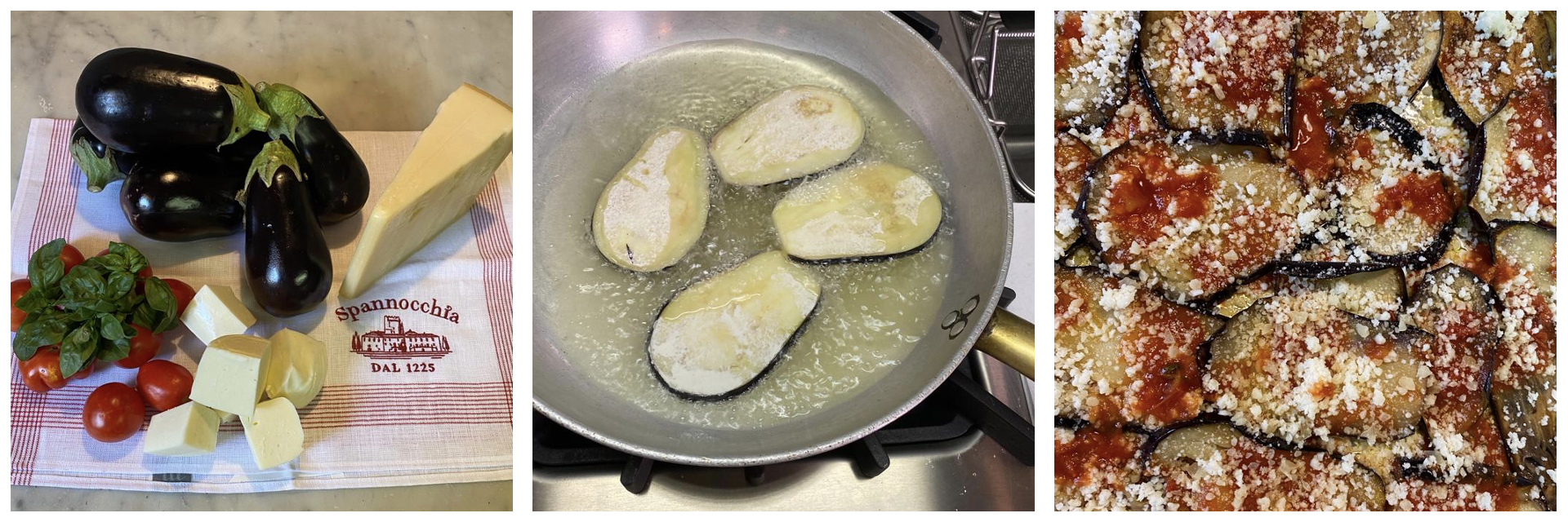 Left: slides tomatoes covered in topping, on a baking sheet; Right: finished dish on a white plate