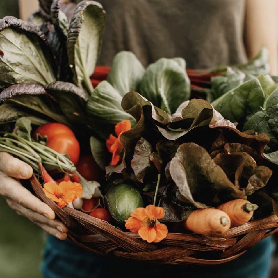 Harvest Basket filled with veggies and flowers