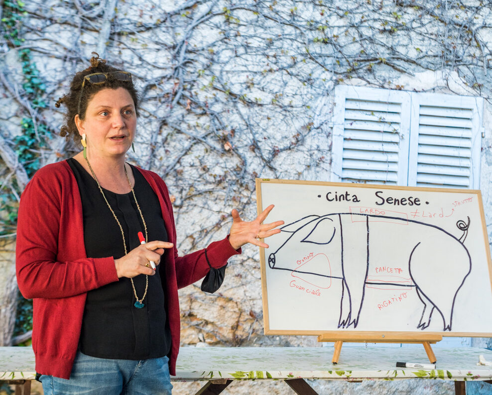A woman, Silvia Pigozzo, standing next to a whiteboard with a hand-drawn image of a Cinta Senese pig, with types of salumi marked on the pig's body.