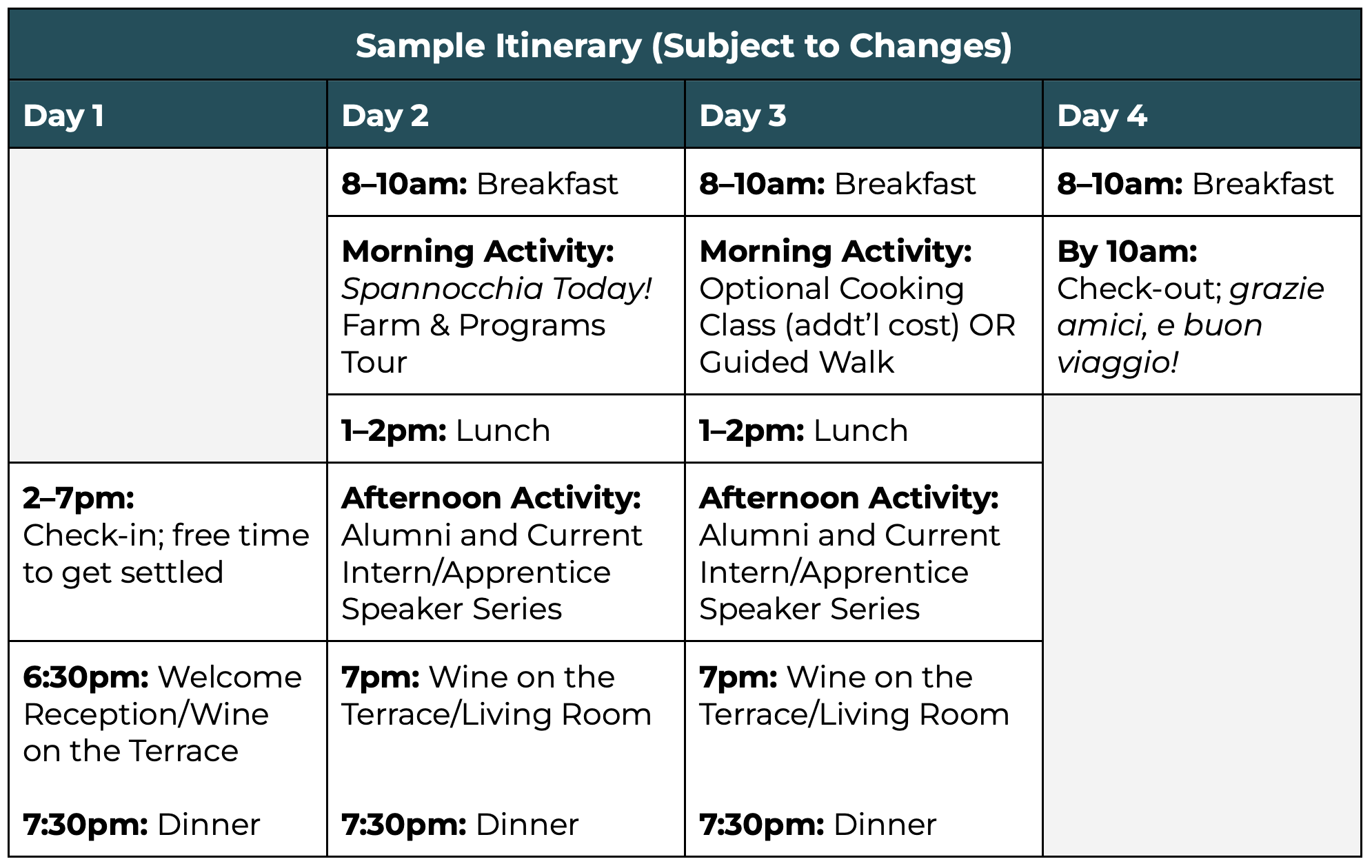 Sample Itinerary for alumni reunions. Itinerary can be found in text form in the document linked here.