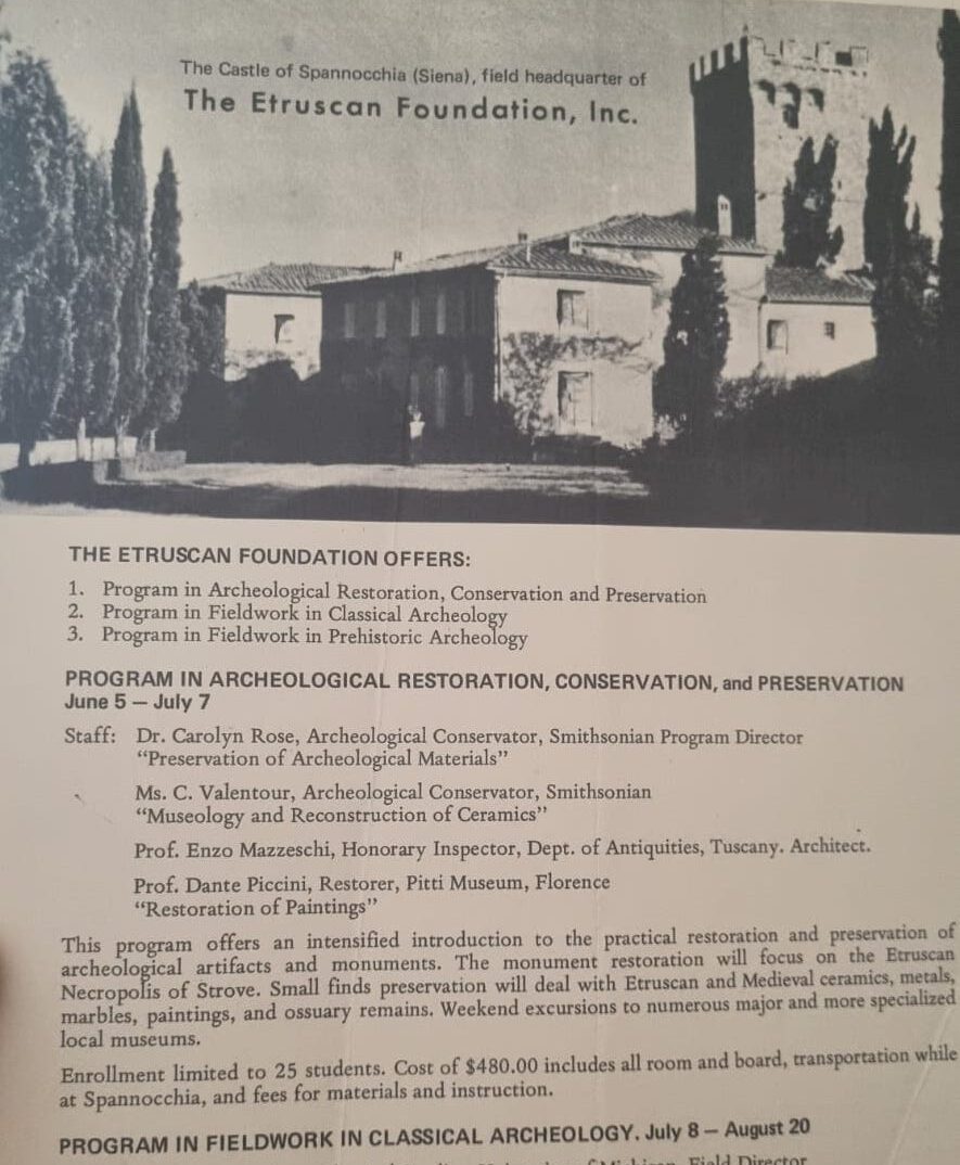 A photo of an old pamphlet advertising an archeological program run by the Etruscan Foundation in the 1970s.