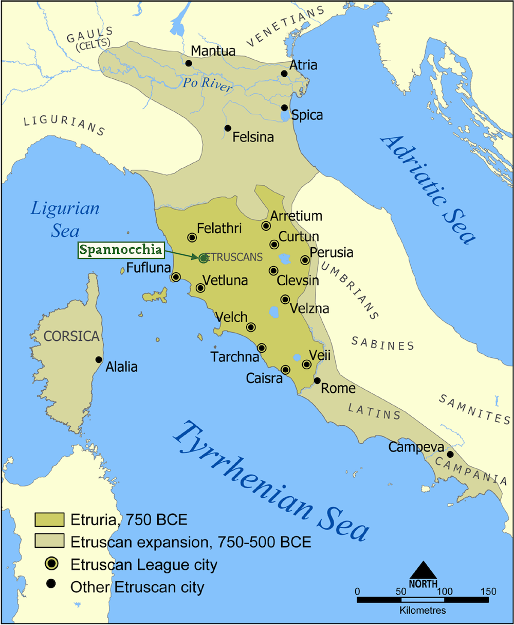 An illustrated map of Italy with Etruscan towns and Etruria labeled. Includes a circle indicating where Spannocchia is located today.