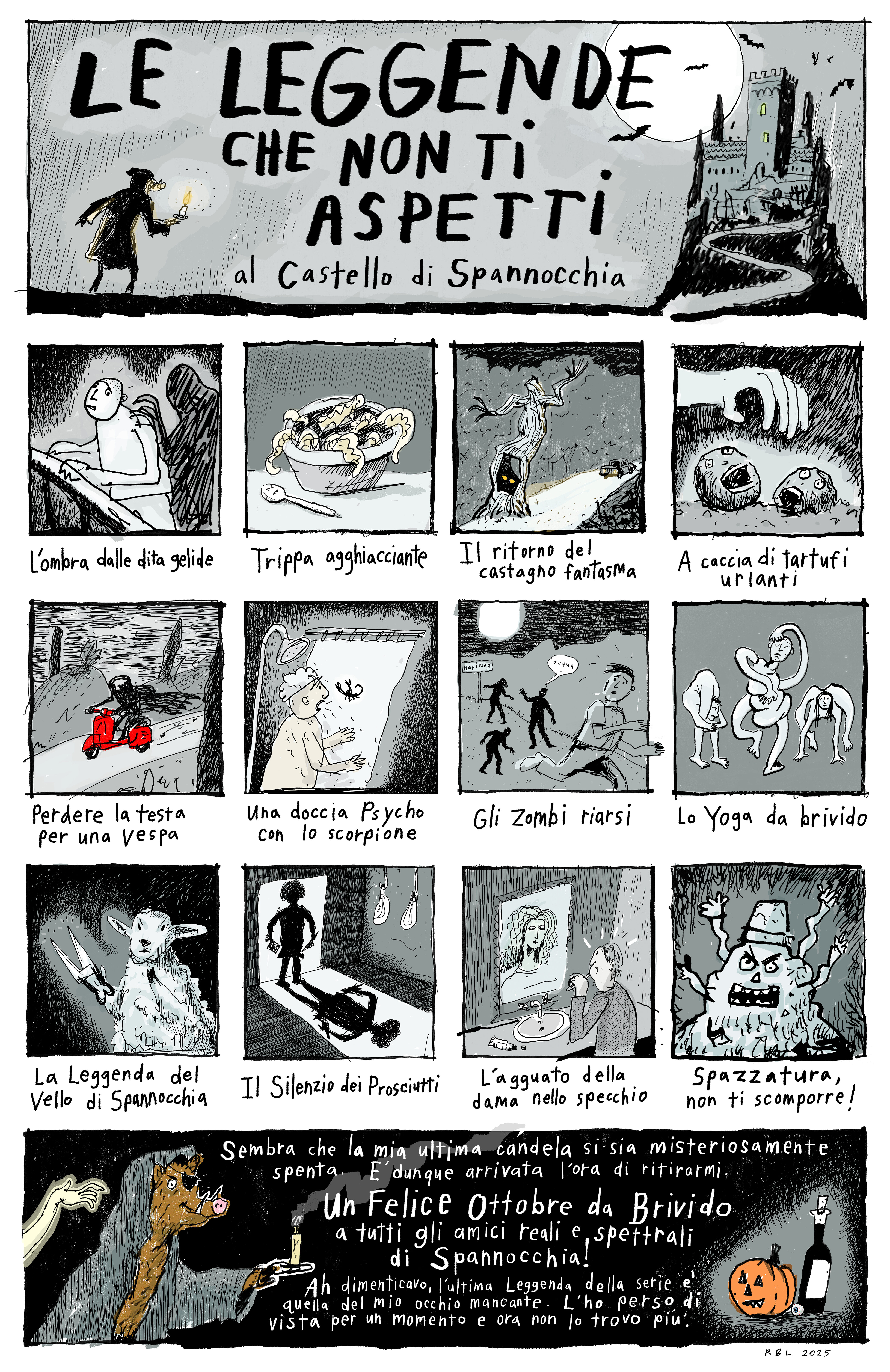An illustration of a silly and spooky comic strip about the legends of Spannocchia. The English text for the comic is available below.