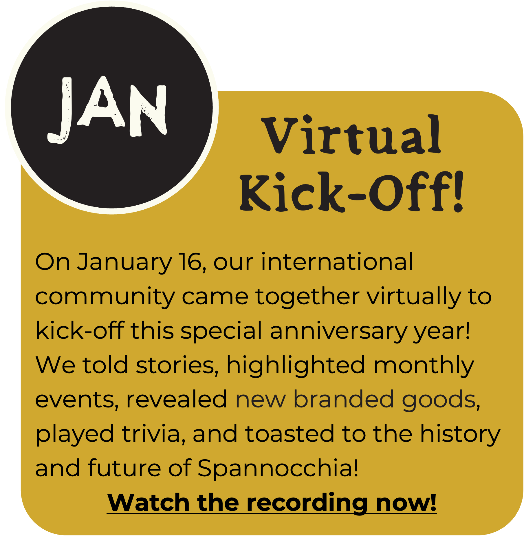 An ochre box with text describing the January event: Our virtual anniversary year kick-off! A smaller black circle with the word "Jan" is in the top left corner.