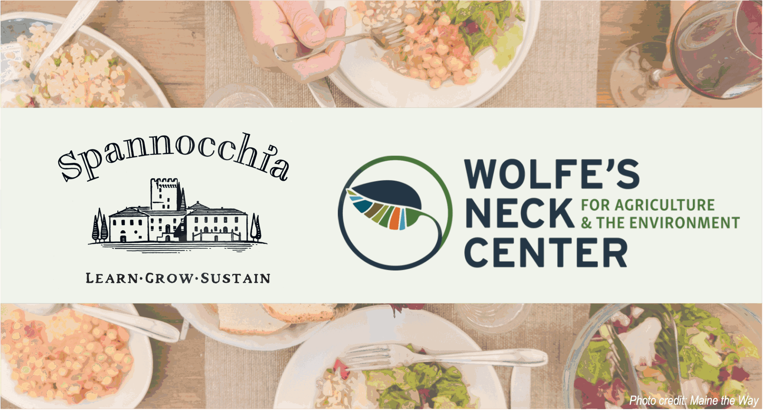 Logos for Wolfe's Neck Center & Spannocchia overlaid on a photo of a Spannocchia tablescape